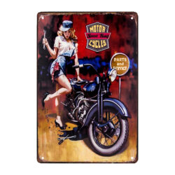metall werbeschild motorrad mit frau darauf