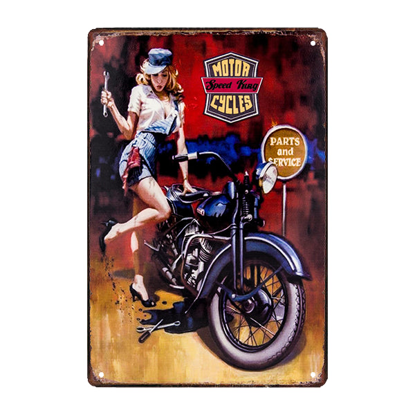 metall werbeschild motorrad mit frau darauf metall werbeschild motorrad mit frau darauf
